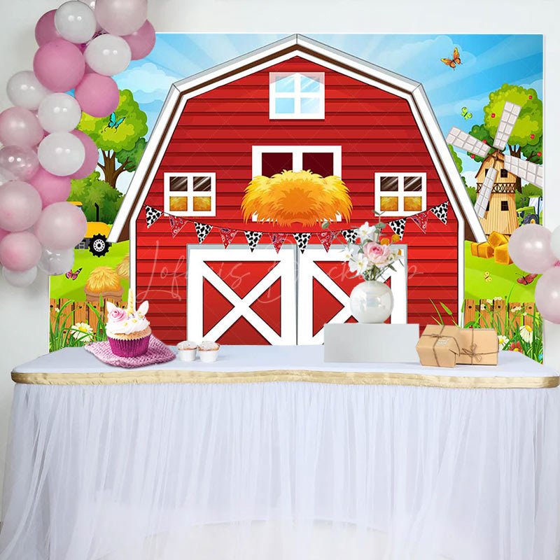 Lofaris Rural Red Barn Door Farm Happy Birthday Backdrop