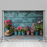 Lofaris Rural Retro Teal Wooden Wall Potted Plant Backdrop