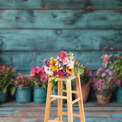 Lofaris Rural Retro Teal Wooden Wall Potted Plant Backdrop