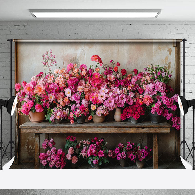 Lofaris Rural Wall Bright Pink Flower Pots Photo Backdrop