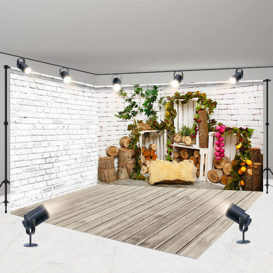 Lofaris Rural White Brick Wall Wooden Stake Room Set Backdrop