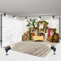 Lofaris Rural White Brick Wall Wooden Stake Room Set Backdrop