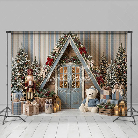Lofaris Rustic A-Frame Cabin Holiday Backdrop with Snowy Christmas Trees Nutcracker Teddy Bear and Gifts