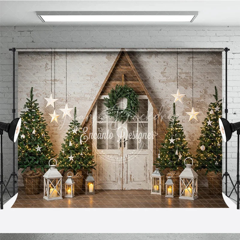 Lofaris Rustic A-Frame Door Christmas Photography Backdrop Farmhouse Scene with Trees and Lanterns Scandinavian Holiday Background