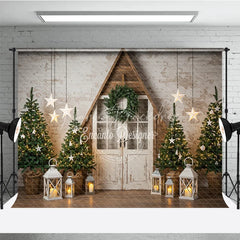 Lofaris Rustic A-Frame Door Christmas Photography Backdrop Farmhouse Scene with Trees and Lanterns Scandinavian Holiday Background