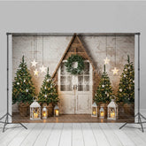 Lofaris Rustic A-Frame Door Christmas Photography Backdrop Farmhouse Scene with Trees and Lanterns Scandinavian Holiday Background