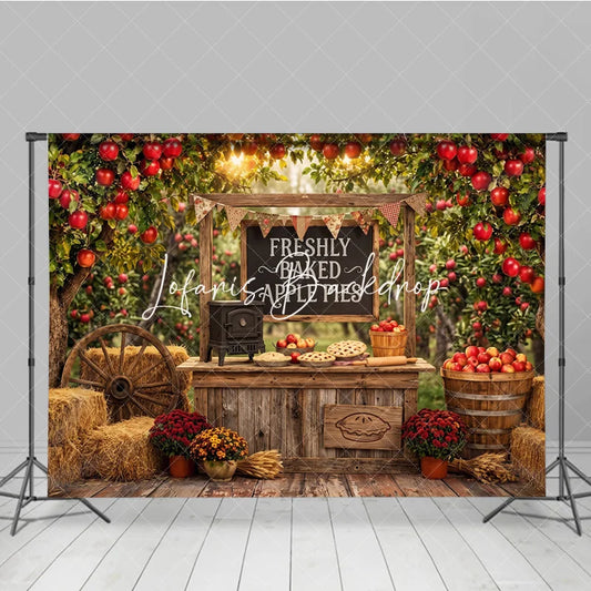 Lofaris Rustic Apple Orchard Photography Backdrop with Freshly Baked Pies Autumn Harvest Farm Stand Decor