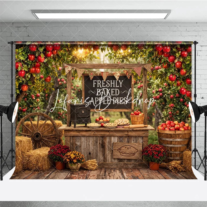 Lofaris Rustic Apple Orchard Photography Backdrop with Freshly Baked Pies Autumn Harvest Farm Stand Decor