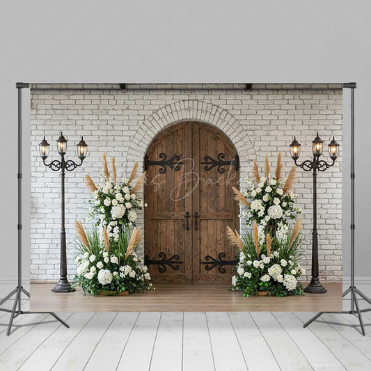 Lofaris Rustic Arched Door Photography Backdrop White Brick Wall and Vintage Lanterns Boho Wedding Ceremony Photo Prop