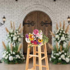 Lofaris Rustic Arched Door Photography Backdrop White Brick Wall and Vintage Lanterns Boho Wedding Ceremony Photo Prop