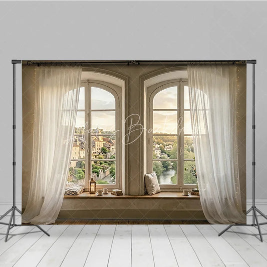 Lofaris Rustic Arched Window Photography Backdrop with Sheer Curtains Idyllic European Village View and Cozy Seat