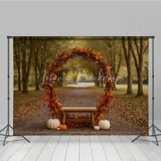 Lofaris Rustic Autumn Arch Photography Backdrop Fall Leaf Wreath with Bench and Pumpkins Thanksgiving Photo Background