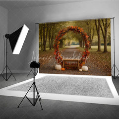 Lofaris Rustic Autumn Arch Photography Backdrop Fall Leaf Wreath with Bench and Pumpkins Thanksgiving Photo Background