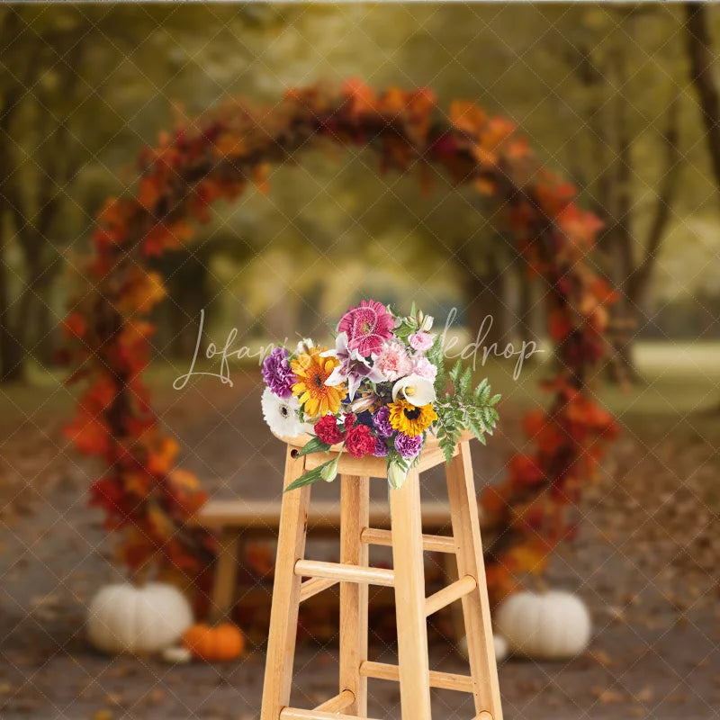 Lofaris Rustic Autumn Arch Photography Backdrop Fall Leaf Wreath with Bench and Pumpkins Thanksgiving Photo Background
