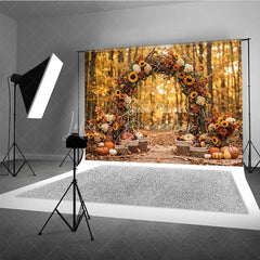 Lofaris Rustic Autumn Arch Photography Backdrop with Sunflowers Pumpkins and Golden Forest Leaves for Fall Photoshoot