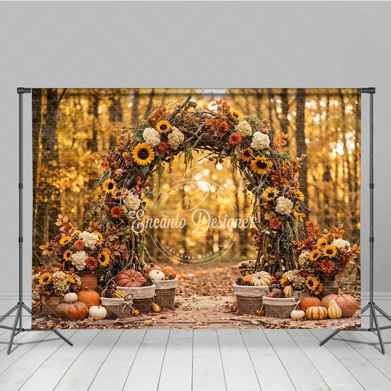 Lofaris Rustic Autumn Arch Photography Backdrop with Sunflowers Pumpkins and Golden Forest Leaves for Fall Photoshoot