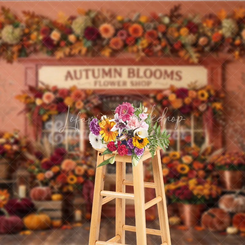 Lofaris Rustic Autumn Blooms Flower Shop Photography Backdrop with Vibrant Fall Leaves and Pumpkins Seasonal Decor