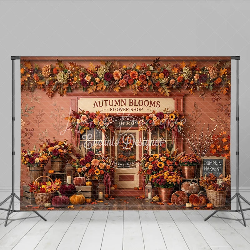 Lofaris Rustic Autumn Blooms Flower Shop Photography Backdrop with Vibrant Fall Leaves and Pumpkins Seasonal Decor