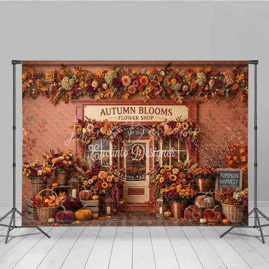 Lofaris Rustic Autumn Blooms Flower Shop Photography Backdrop with Vibrant Fall Leaves and Pumpkins Seasonal Decor
