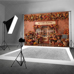 Lofaris Rustic Autumn Blooms Flower Shop Photography Backdrop with Vibrant Fall Leaves and Pumpkins Seasonal Decor