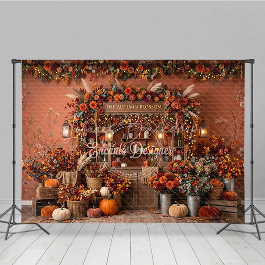 Lofaris Rustic Autumn Blossom Photography Backdrop with Vibrant Fall Flowers Pumpkins and Cozy String Lights