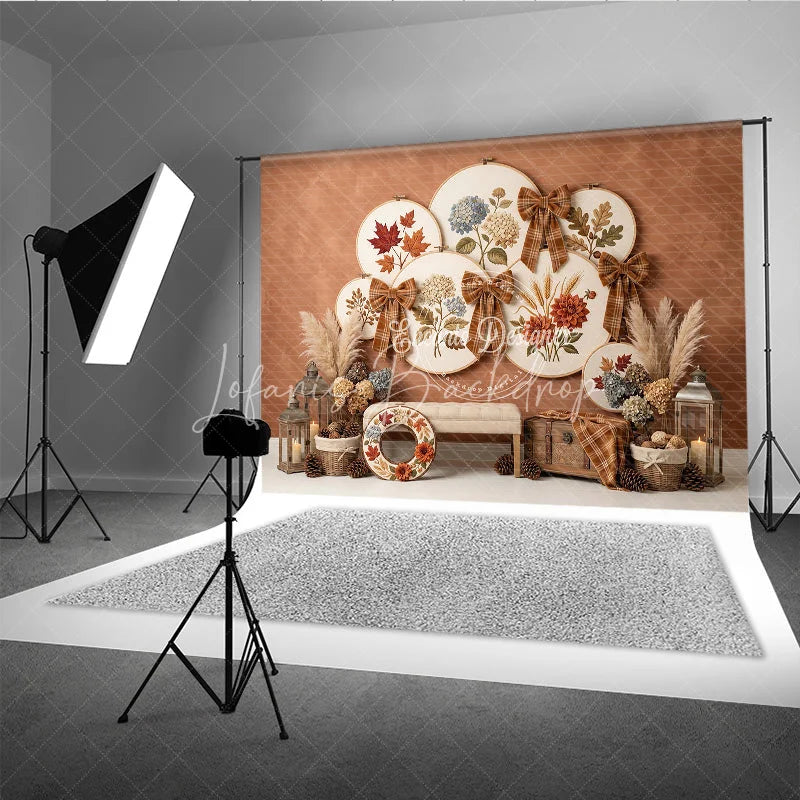 Lofaris Rustic Autumn Embroidery Hoop Photography Backdrop with Plaid Bows Fall Leaves and Hydrangeas Harvest Decor