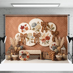 Lofaris Rustic Autumn Embroidery Hoop Photography Backdrop with Plaid Bows Fall Leaves and Hydrangeas Harvest Decor