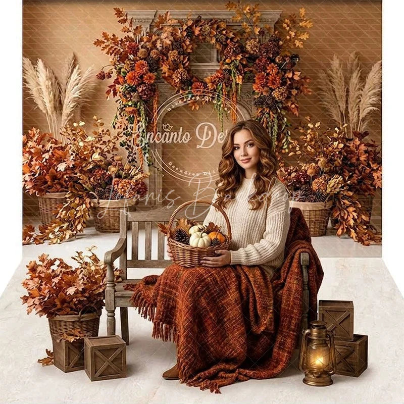 Lofaris Rustic Autumn Fall Fireplace Foliage Combo Set Backdrop with Pampas Grass and Cozy Harvest Decor