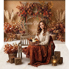 Lofaris Rustic Autumn Fall Fireplace Foliage Combo Set Backdrop with Pampas Grass and Cozy Harvest Decor