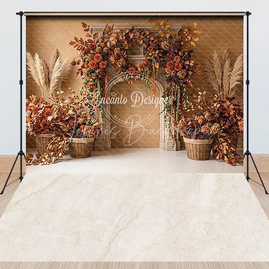 Lofaris Rustic Autumn Fall Fireplace Foliage Combo Set Backdrop with Pampas Grass and Cozy Harvest Decor