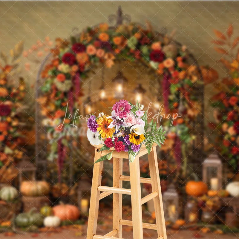 Lofaris Rustic Autumn Fall Foliage Photography Backdrop Elegant Archway with Pumpkins and Lanterns Harvest Celebration Decor