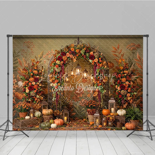 Lofaris Rustic Autumn Fall Foliage Photography Backdrop Elegant Archway with Pumpkins and Lanterns Harvest Celebration Decor