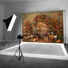 Lofaris Rustic Autumn Fall Foliage Photography Backdrop Elegant Archway with Pumpkins and Lanterns Harvest Celebration Decor