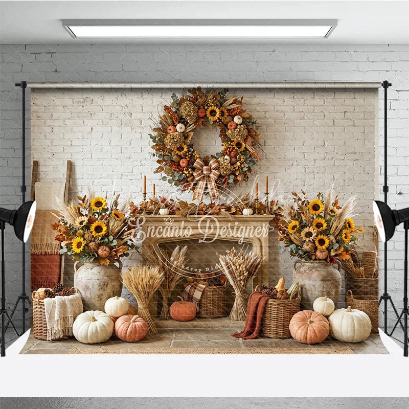 Lofaris Rustic Autumn Fall Harvest Photography Backdrop Sunflowers and Pumpkins Wreath White Brick Fireplace Decor