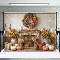 Lofaris Rustic Autumn Fall Harvest Photography Backdrop Sunflowers and Pumpkins Wreath White Brick Fireplace Decor