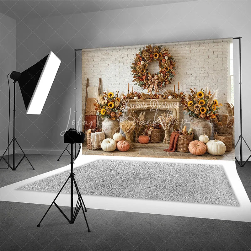 Lofaris Rustic Autumn Fall Harvest Photography Backdrop Sunflowers and Pumpkins Wreath White Brick Fireplace Decor