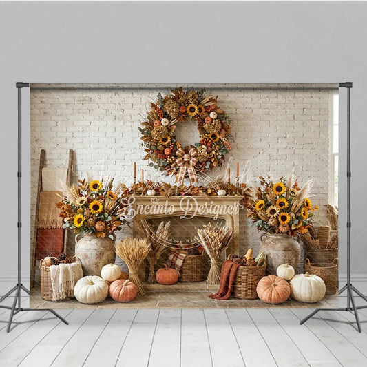 Lofaris Rustic Autumn Fall Harvest Photography Backdrop Sunflowers and Pumpkins Wreath White Brick Fireplace Decor