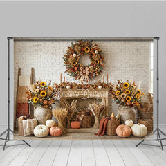 Lofaris Rustic Autumn Fall Harvest Photography Backdrop Sunflowers and Pumpkins Wreath White Brick Fireplace Decor