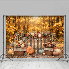 Lofaris Rustic Autumn Fall Harvest Photography Backdrop with Pumpkins Wooden Fence and Floral Garland Decor