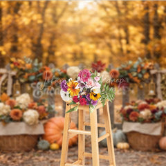 Lofaris Rustic Autumn Fall Harvest Photography Backdrop with Pumpkins Wooden Fence and Floral Garland Decor