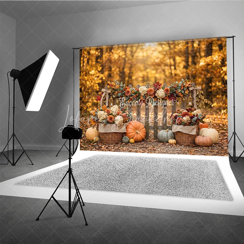 Lofaris Rustic Autumn Fall Harvest Photography Backdrop with Pumpkins Wooden Fence and Floral Garland Decor