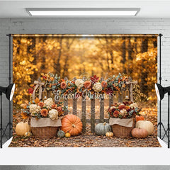 Lofaris Rustic Autumn Fall Harvest Photography Backdrop with Pumpkins Wooden Fence and Floral Garland Decor