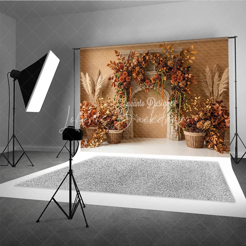 Lofaris Rustic Autumn Fall Photography Backdrop with Fireplace Mantel Golden Leaves and Pampas Grass Decor