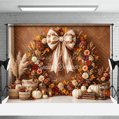 Lofaris Rustic Autumn Fall Wreath Photography Backdrop Elegant Cream Bow Pumpkins and Harvest Decor