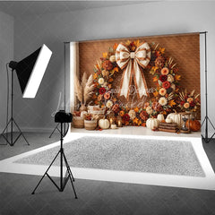 Lofaris Rustic Autumn Fall Wreath Photography Backdrop Elegant Cream Bow Pumpkins and Harvest Decor