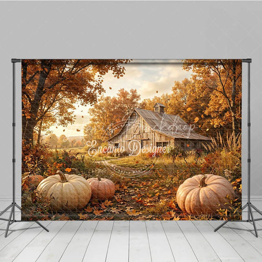 Lofaris Rustic Autumn Farm Photography Backdrop with Golden Trees Falling Leaves and Pumpkins for Fall Harvest Decor