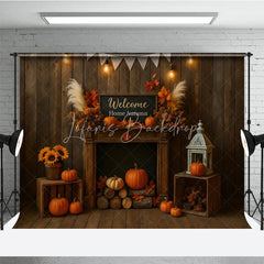 Lofaris Rustic Autumn Fireplace Photography Backdrop Welcome Home Fall with Pumpkins Thanksgiving Mini Session Background