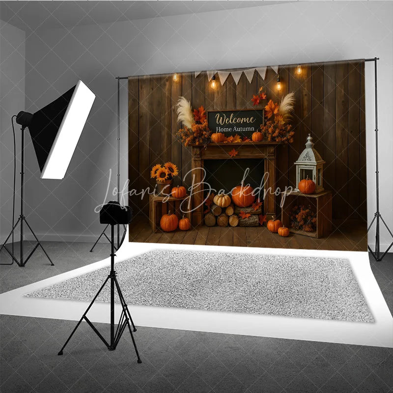 Lofaris Rustic Autumn Fireplace Photography Backdrop Welcome Home Fall with Pumpkins Thanksgiving Mini Session Background