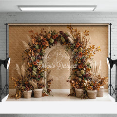 Lofaris Rustic Autumn Floral Arch Photography Backdrop with Fall Foliage and Pampas Grass Elegant Harvest Celebration Decor