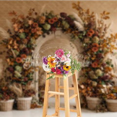 Lofaris Rustic Autumn Floral Arch Photography Backdrop with Fall Foliage and Pampas Grass Elegant Harvest Celebration Decor